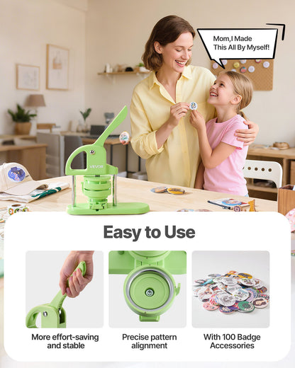 Knappmaskin, 75 mm, plastnålstillverkare med 100 st knappdelar, cirkelskärare och magisk bok, förstärkt ergonomiskt handtag, för gör-det-själv-märken, personliga nålar och nyckelringar, grön