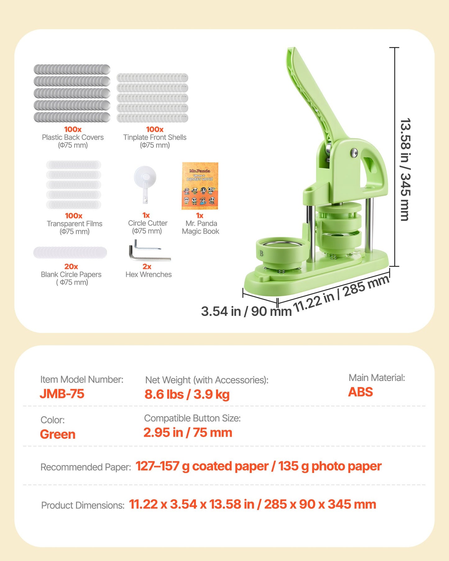 Knappmaskin, 75 mm, plastnålstillverkare med 100 st knappdelar, cirkelskärare och magisk bok, förstärkt ergonomiskt handtag, för gör-det-själv-märken, personliga nålar och nyckelringar, grön