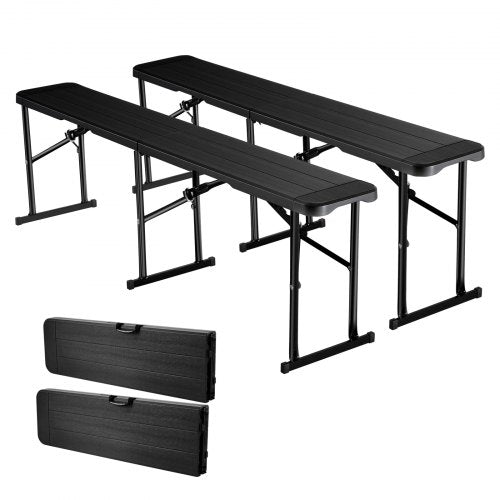 Hopfällbar plastbänk, 1,8 meter lång bärbar bänk för utomhuspicknick, fest, camping, middag, hopfällbar slät HDPE-sits för trädgårdsfotboll, mångsidiga underhållningsaktiviteter, 2-pack, 2 bärväskor, svart