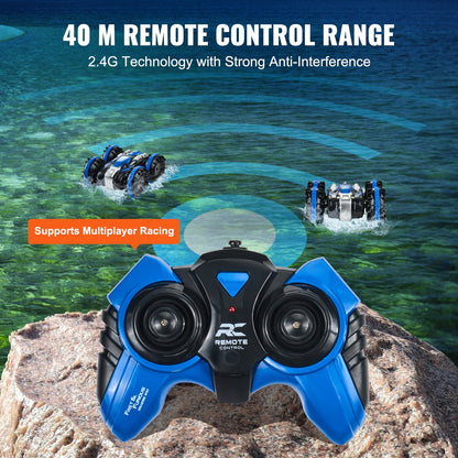 Amfibisk fjärrstyrd bil och båt, 2,4 GHz 12 km/h, 4WD vattentät RC-bil för barn, 360° roterande stuntbil med 2 batterier, terrängleksak för vattenstrand och pool för pojkar och flickor från 6 år, blå