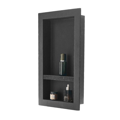 Duschnisch, 40,6 x 71,1 x 10,2 cm infälld väggnisch med flyttbar avdelarhylla, modern tvål- och schampoförvaring, fyrkantiga hörn, förseglad vattentät design, svart för badrum