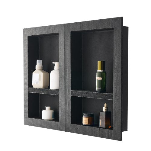 Duschnisch, 40,6 x 61,0 cm + 40,6 x 61,0 cm Infälld väggnisch med flyttbar hylla, 10,2 cm tjock modern tvål- och schampoförvaring, fyrkantiga hörn, förseglad vattentät, svart för badrum