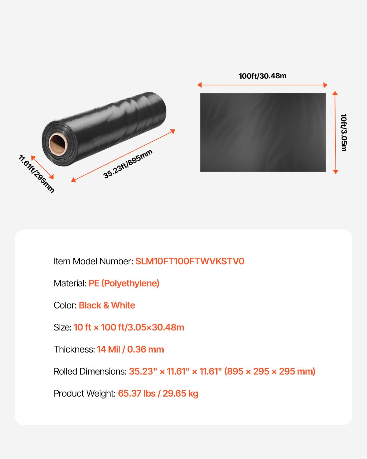 14 mil plastduk kraftig 10' x 100', tjock plastduk i rulle, plastduk målarpresenning för krypgrundsångspärr, svartvit dubbelsidig, mångsidig