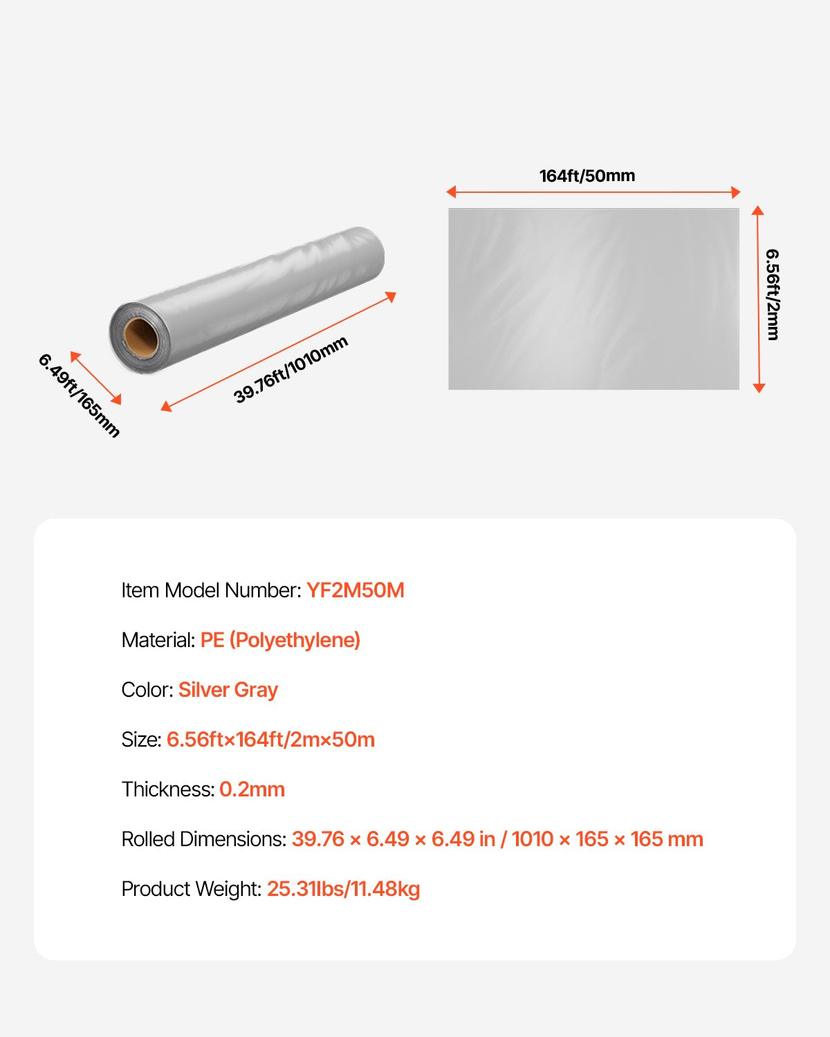 8 mil plastfolie, 6,5 x 164 fot ångspärr för krypgrund, kraftig trädgårdsfolie i rulle, mångsidig konstruktionsplast, målarpresenning för gårdsbruk, grå plastförsörjning