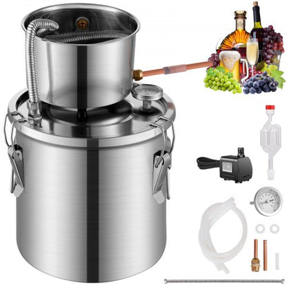 Alkoholdestillator, 3 gallon / 11,4 l rostfritt stål vattenalkoholdestilleri med spolkylning, hembryggningsraffinering och jäsningskit med dubbel displaytermometer, för vin, whisky, brandy, silver