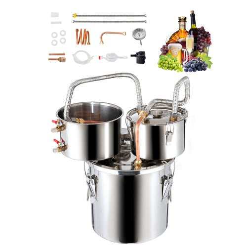 Alkoholdestillator, 3 gallon / 11,4 l vattenalkoholdestilleri i rostfritt stål med kopparspiral för snabb kylning, destillationssats med dubbel kondensor och sekundär destillation, för vin, whisky, brandy, silver