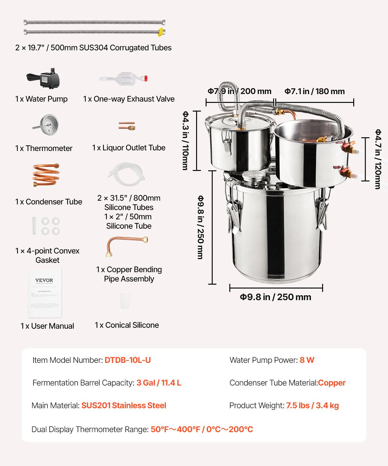 Alkoholdestillator, 3 gallon / 11,4 l vattenalkoholdestilleri i rostfritt stål med kopparspiral för snabb kylning, destillationssats med dubbel kondensor och sekundär destillation, för vin, whisky, brandy, silver