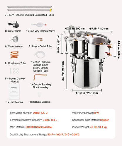 Alkoholdestillator, 3 gallon / 11,4 l vattenalkoholdestilleri i rostfritt stål med kopparspiral för snabb kylning, destillationssats med dubbel kondensor och sekundär destillation, för vin, whisky, brandy, silver