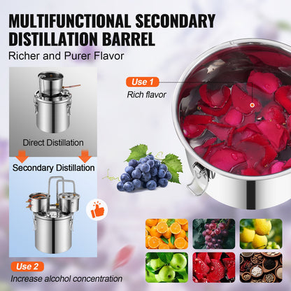 Alkoholdestillator, 3 gallon / 11,4 l vattenalkoholdestilleri i rostfritt stål med kopparspiral för snabb kylning, destillationssats med dubbel kondensor och sekundär destillation, för vin, whisky, brandy, silver