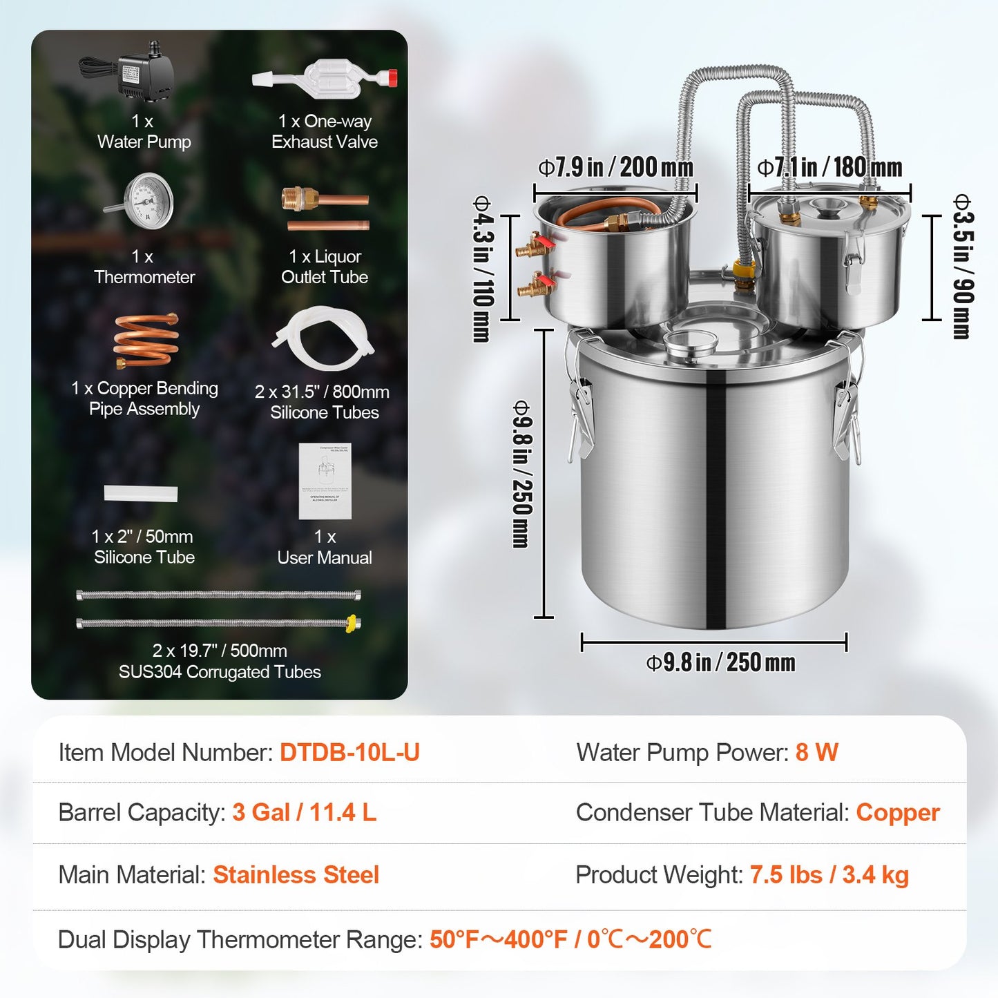 Alkoholdestillator, 3 gallon / 11,4 l vattenalkoholdestilleri i rostfritt stål med kopparspiral för snabb kylning, destillationssats med dubbel kondensor och sekundär destillation, för vin, whisky, brandy, silver