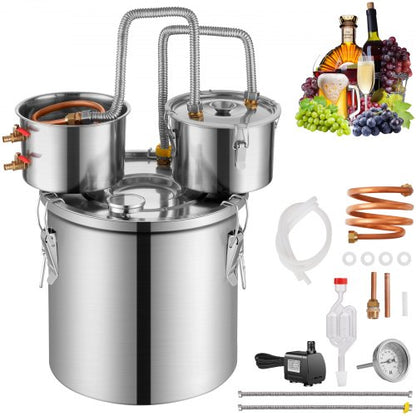Alkoholdestillator, 5 gallon / 19 l vattenalkoholdestilleri i rostfritt stål med kopparspiral för snabb kylning, destillationssats med dubbel kondensor och sekundär destillation, för vin, whisky, brandy, silver