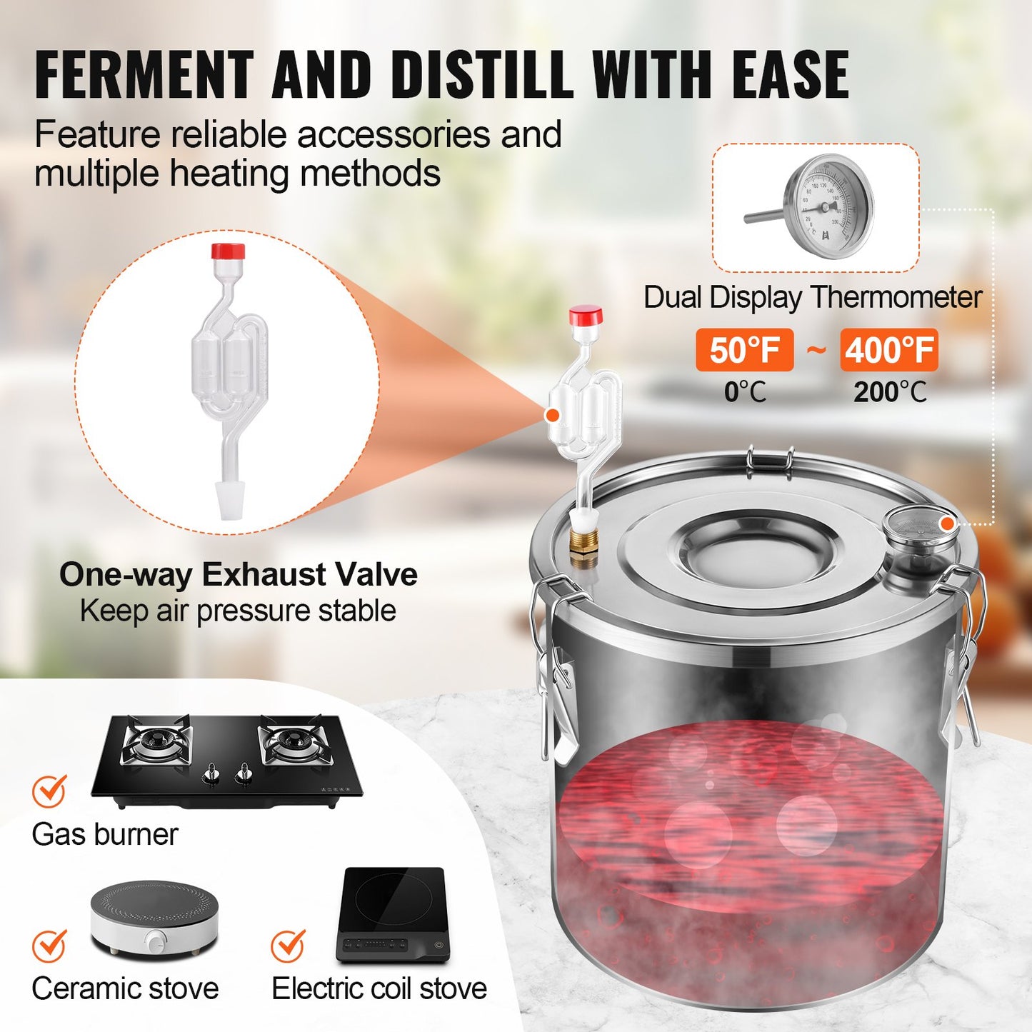 Alkoholdestillator, 8 gallon / 30 liter vattenalkoholdestilleri i rostfritt stål med kopparspiral för snabb kylning, destillationssats med dubbel kondensor och sekundär destillation, för vin, whisky, brandy, silver