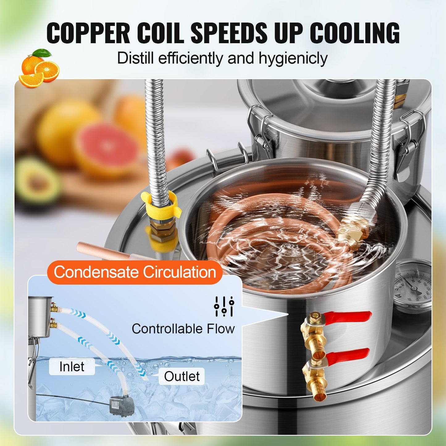 Alkoholdestillator, 8 gallon / 30 liter vattenalkoholdestilleri i rostfritt stål med kopparspiral för snabb kylning, destillationssats med dubbel kondensor och sekundär destillation, för vin, whisky, brandy, silver