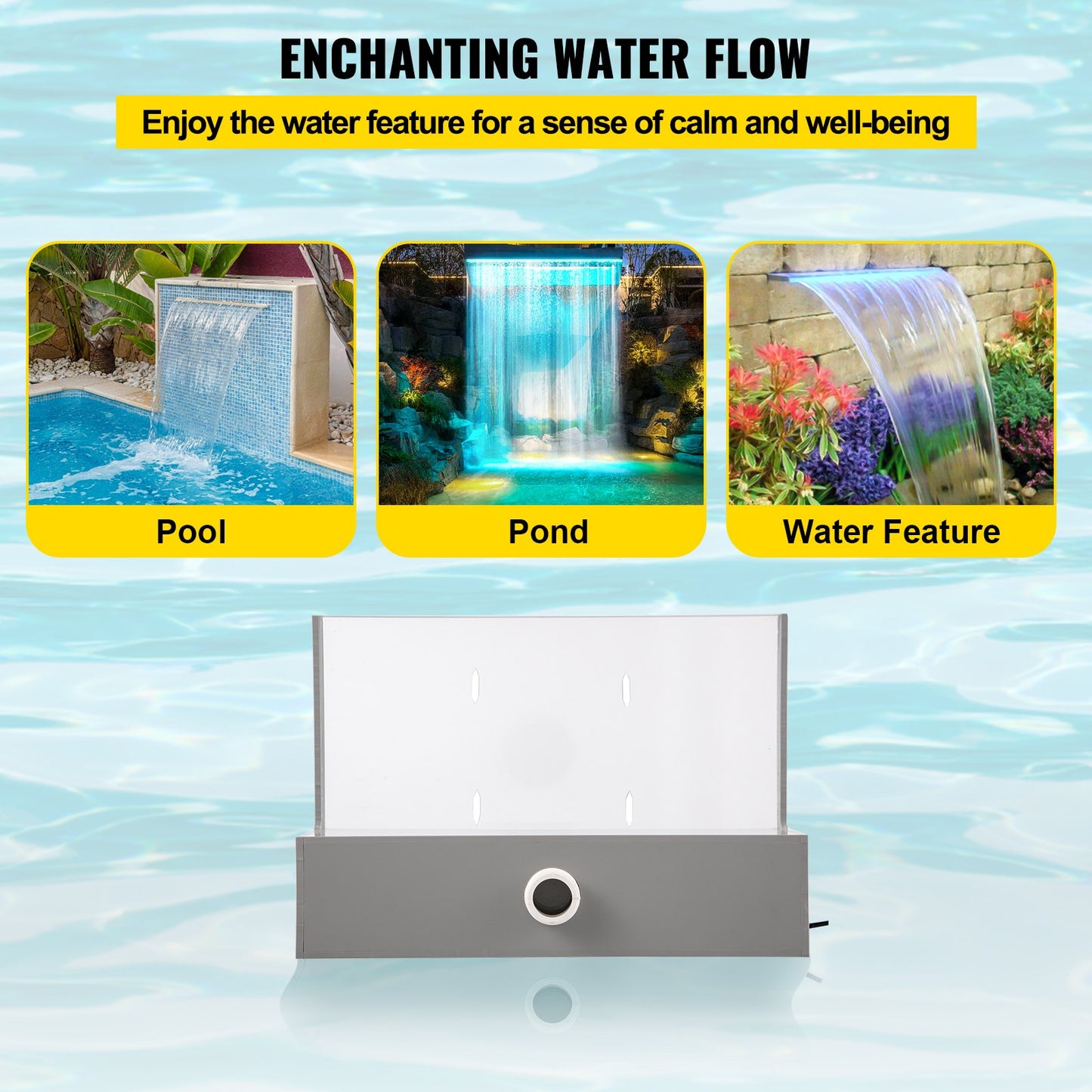 Utlopp för poolfontän 28,5 x 8,1 x 21,5 cm, utlopp för fontän med blå LED-ljusremsa, poolvattenfallsfontän i massiv akryl, poolvattenfall för trädgårdsdamm, simbassäng, kvadrater