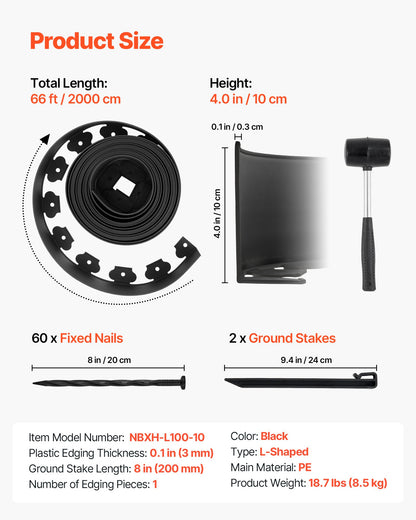Landskapskant, 2000 x 10 cm plastträdgårdskant med 30 spikar och 2 markpinnar, grävfri, flexibel gräskant i rulle, UV-resistenta mini-staketkanter för rabatter, marksten