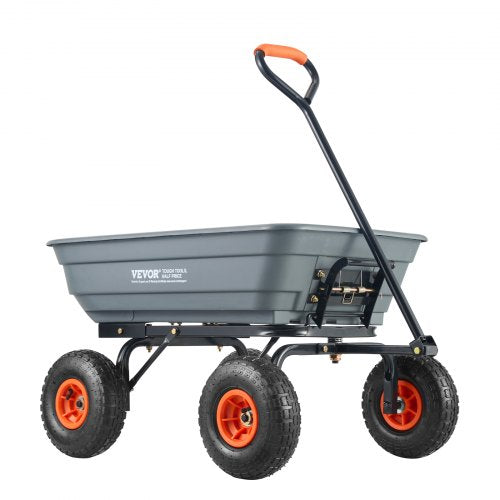 Tippvagn, trädgårdsdumpvagn i plast med lättmonterad stålram, tippvagn med 2-i-1 konvertibelt handtag, skottkärra, kapacitet 300 kg, 25 cm däck
