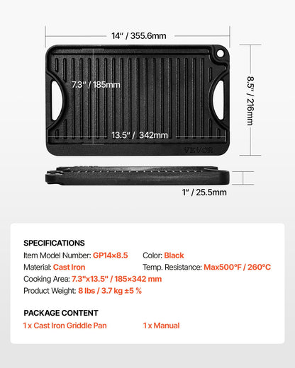 Vändbar grill/stekpanna, 14x8,5 tums förkryddat gjutjärnsstekpanna, bärbar rektangulär panna med handtag, familjeköksredskap för inomhus-/utomhusspis, gas, campinggrill, svart