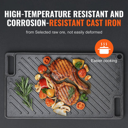 Vändbar grill/stekpanna, 23 x 41 cm förkryddat gjutjärnsstekpanna, rektangulär dubbelbrännare, non-stick familjepannor med handtag, platt toppplatta för grill, gasgrill, svart