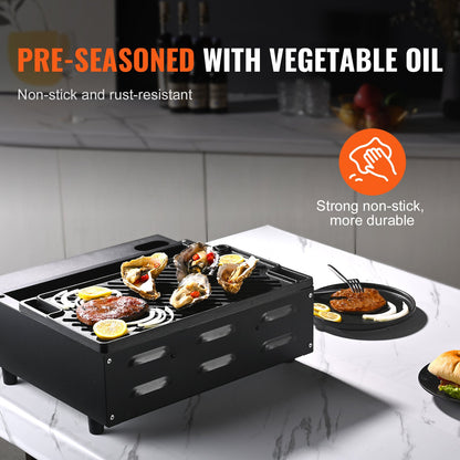 Vändbar grill/stekpanna, 23 x 41 cm förkryddat gjutjärnsstekpanna, rektangulär dubbelbrännare, non-stick familjepannor med handtag, platt toppplatta för grill, gasgrill, svart