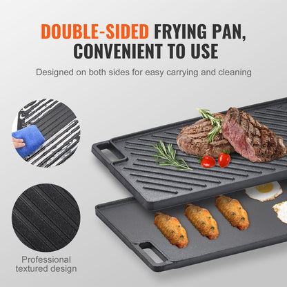 Vändbar grill/stekpanna, 23 x 41 cm förkryddat gjutjärnsstekpanna, rektangulär dubbelbrännare, non-stick familjepannor med handtag, platt toppplatta för grill, gasgrill, svart