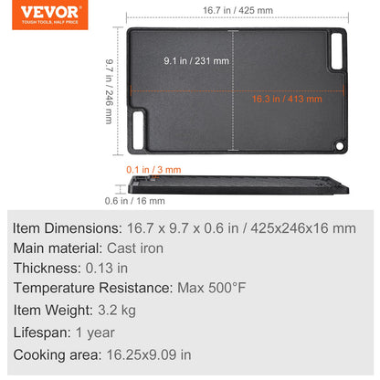 Vändbar grill/stekpanna, 23 x 41 cm förkryddat gjutjärnsstekpanna, rektangulär dubbelbrännare, non-stick familjepannor med handtag, platt toppplatta för grill, gasgrill, svart