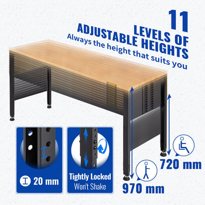 Workbench Adjustable Height, 183 x 64 cm Garage Table with 72 – 97 cm Heights & 900KG Load Capacity, with Power Outlets & Hardwood Top & Metal Frame & Foot Pads, for Office Home Workshop