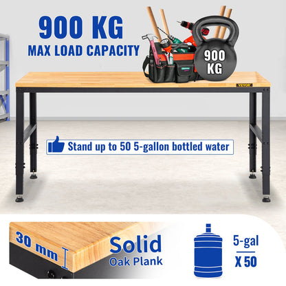 Workbench Adjustable Height, 183 x 64 cm Garage Table with 72 – 97 cm Heights & 900KG Load Capacity, with Power Outlets & Hardwood Top & Metal Frame & Foot Pads, for Office Home Workshop