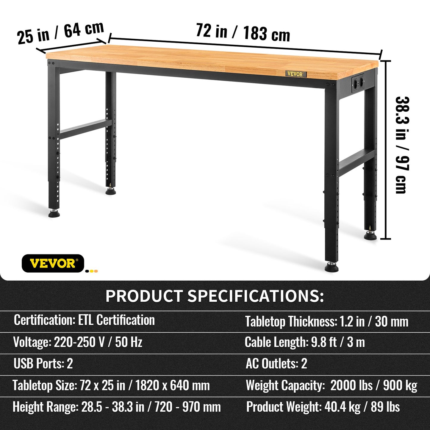 Workbench Adjustable Height, 183 x 64 cm Garage Table with 72 – 97 cm Heights & 900KG Load Capacity, with Power Outlets & Hardwood Top & Metal Frame & Foot Pads, for Office Home Workshop