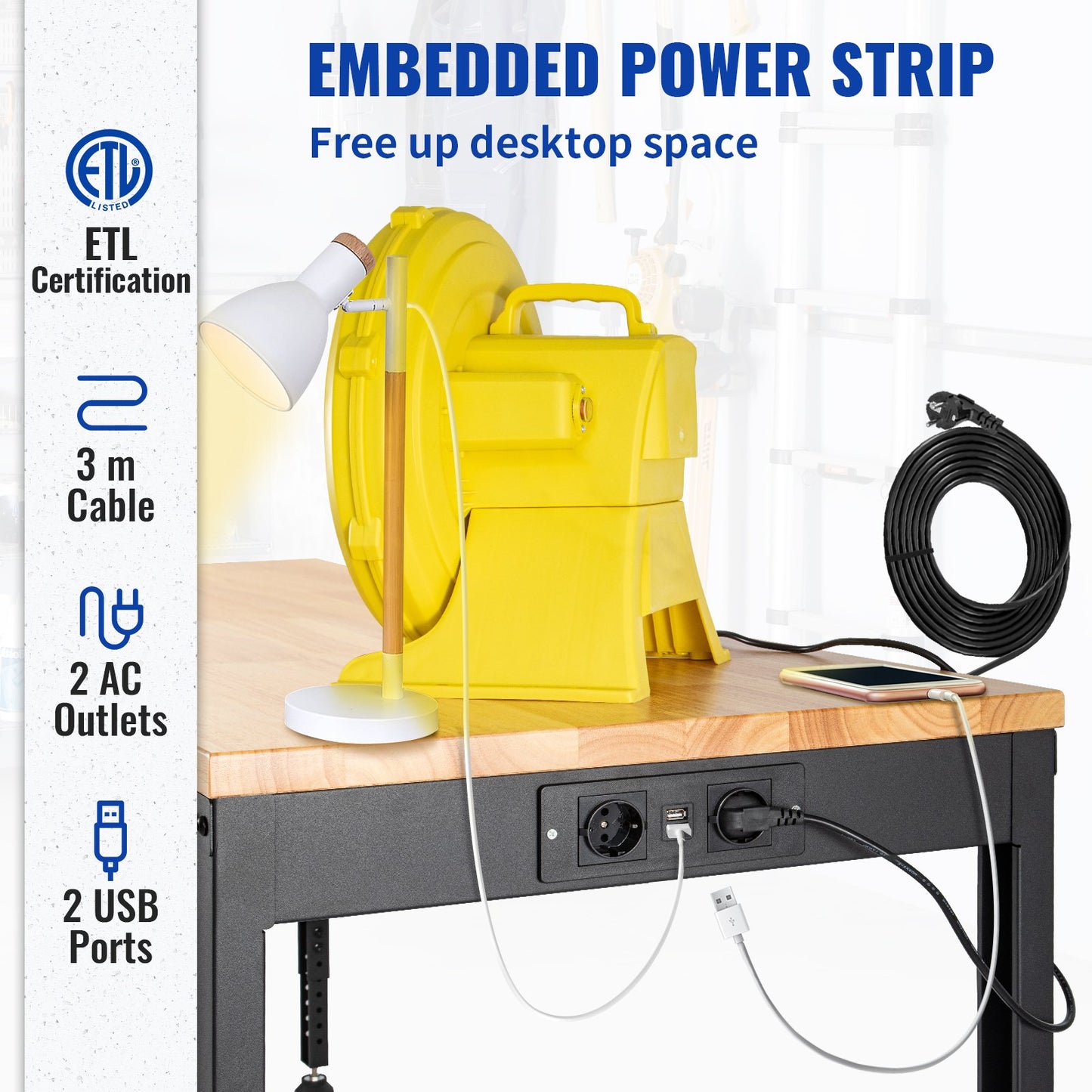 Arbetsbänk med justerbar höjd, 122 cm B x 61 cm DX 97 cm H Garagebord med 72–97 cm höjd och 900 kg lastkapacitet, med eluttag, träskiva, metallram och fotplattor, för kontor och hem