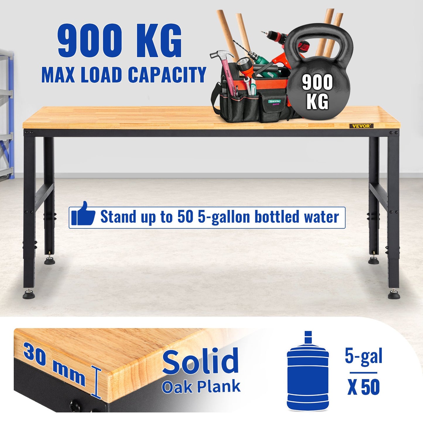 Arbetsbänk med justerbar höjd, 135 cm B x 46 cm DX 97 cm H, garagebord med 72–97 cm höjd och 900 kg lastkapacitet, med eluttag, träskiva, metallram och fotplattor, för kontor och hem.