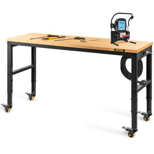 Arbetsbänk med justerbar höjd, 122 cm B x 51 cm DX 104 cm H Garagebord med 79–104 cm höjd och 720 kg kapacitet, med eluttag, träskiva, metallram och svänghjul, för kontor/hem
