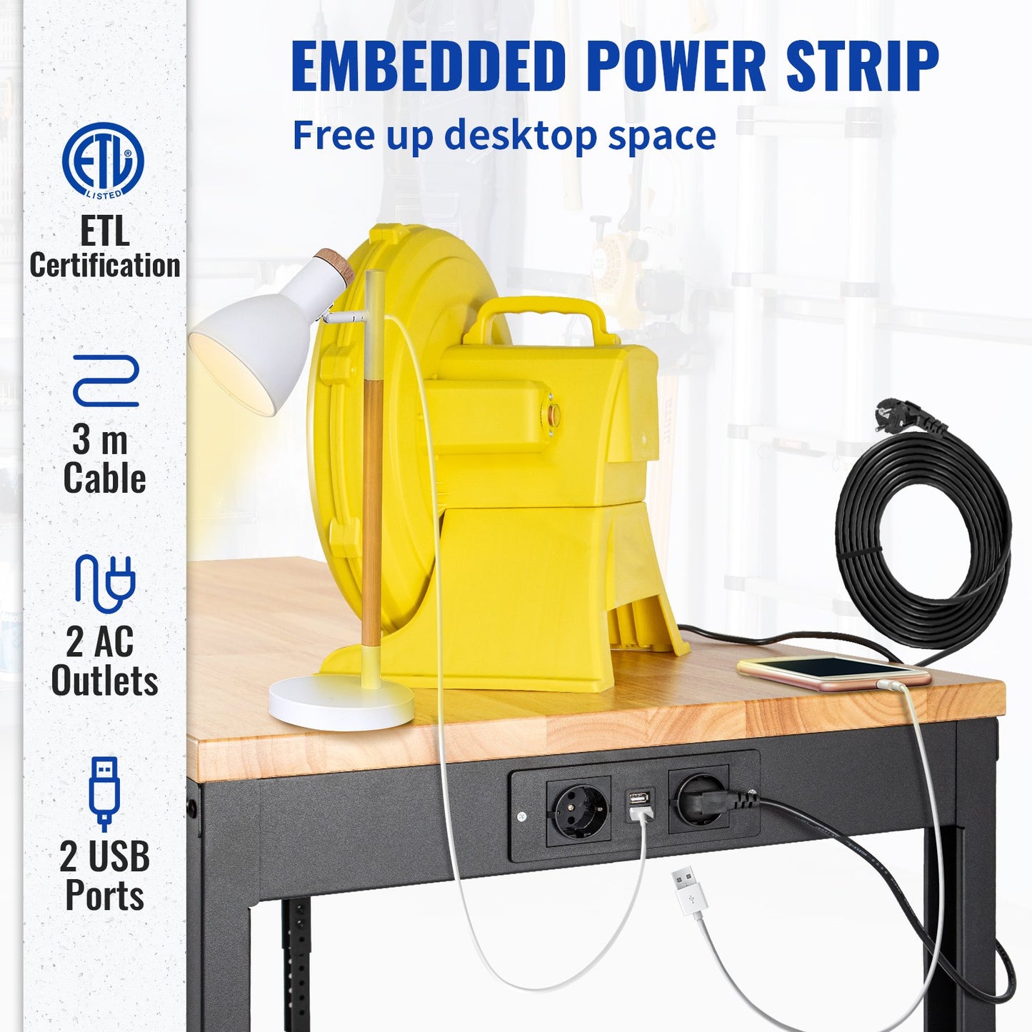 Arbetsbänk med justerbar höjd, 122 cm B x 61 cm DX 104 cm H Garagebord med 79–104 cm höjd och 720 kg kapacitet, med eluttag, träskiva, metallram och svänghjul, för kontor/hem