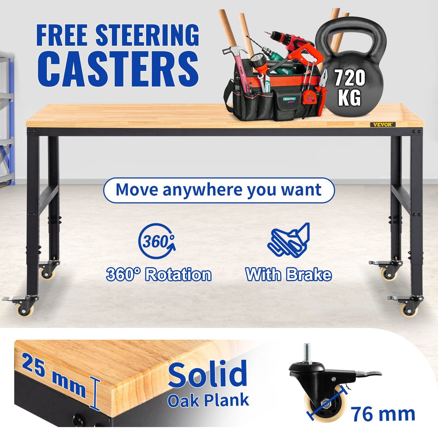 Arbetsbänk med justerbar höjd, 122 cm B x 61 cm DX 104 cm H Garagebord med 79–104 cm höjd och 720 kg kapacitet, med eluttag, träskiva, metallram och svänghjul, för kontor/hem