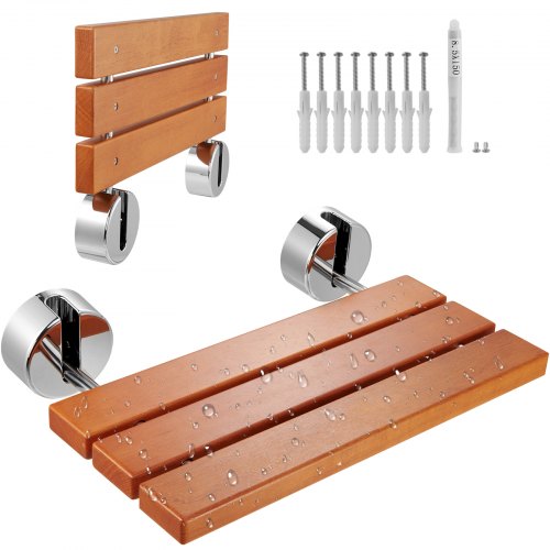 Hopfällbar duschstol i teak, 51 x 33 cm utfälld, väggmonterad hopfällbar duschbänk med 180 kg lastkapacitet, platsbesparande hopfällbar duschstol för hemvård, för seniorer, gravida kvinnor och barn