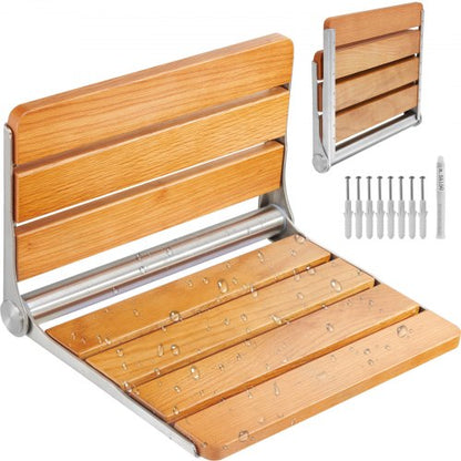 Hopfällbar duschsits i ek, 40,9 cm x 34 cm, väggmonterad duschbänk, 199,6 kg