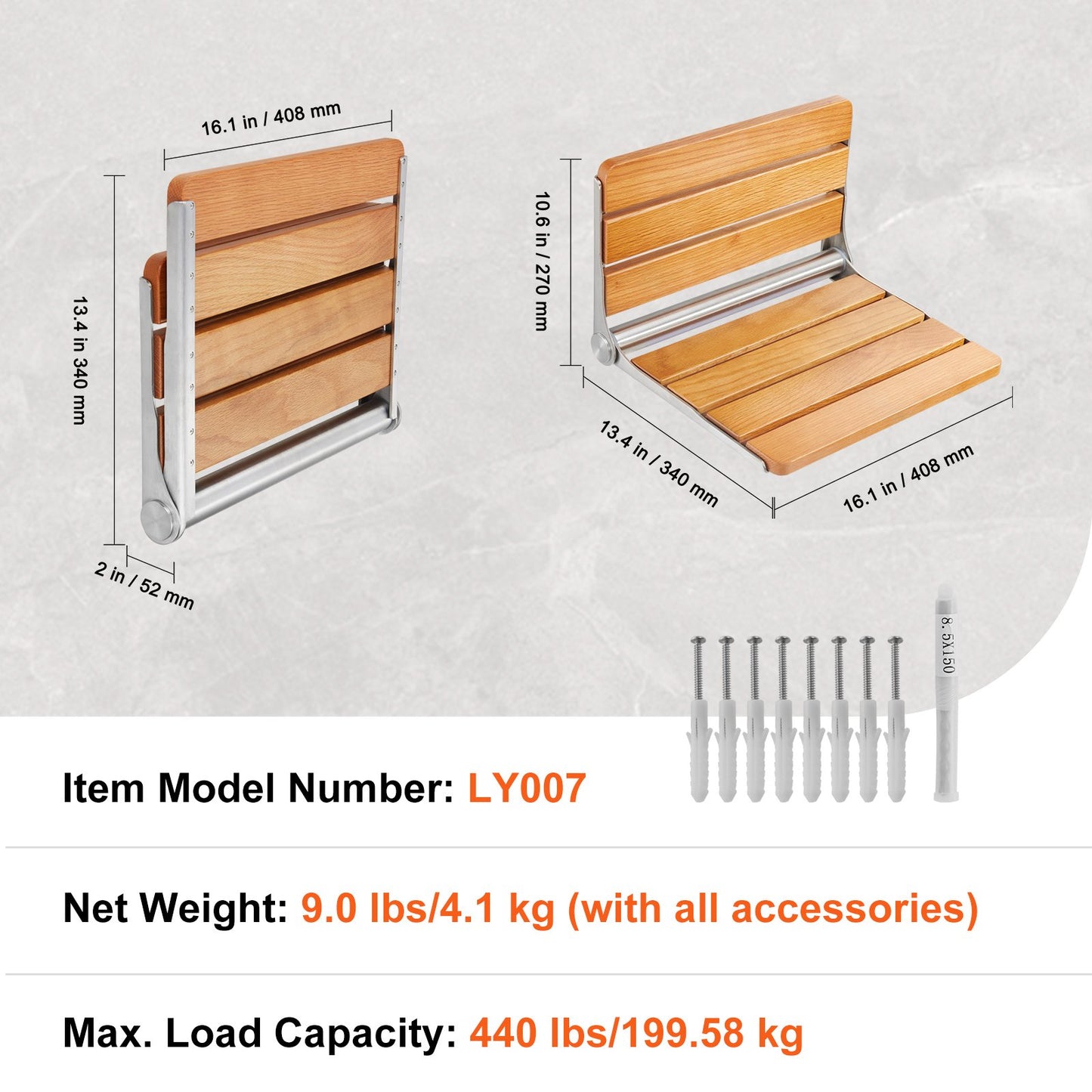 Hopfällbar duschsits i ek, 40,9 cm x 34 cm, väggmonterad duschbänk, 199,6 kg