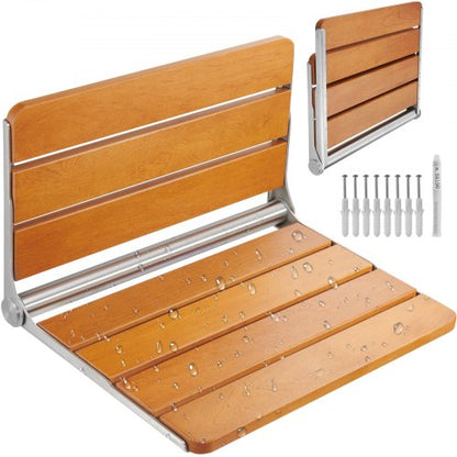 Hopfällbar duschstol i teak, 20,9 x 16 tum, utfälld, väggmonterad hopfällbar duschbänk med 500 lbs lastkapacitet, platsbesparande hopfällbar duschstol för hemvård, för seniorer, gravida kvinnor och barn