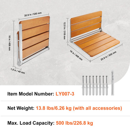 Hopfällbar duschstol i teak, 20,9 x 16 tum, utfälld, väggmonterad hopfällbar duschbänk med 500 lbs lastkapacitet, platsbesparande hopfällbar duschstol för hemvård, för seniorer, gravida kvinnor och barn