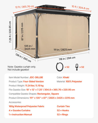 Paviljonggardiner för utomhusbruk, 3,6 x 3,8 x 2,1 m paviljonger, 4-panelers sidoväggar för paviljonger med dragkedjor, ersättning för utomhusgardin för uteplatstak, Only Curtain, khaki