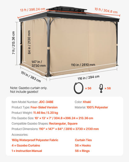 Paviljonggardiner för utomhusbruk, 13' x 10' x 7' paviljonger, 4-panelers sidoväggiga gardiner för paviljong med dragkedjor, ersättning för utomhusgardin för uteplatstak, Only Curtain, khaki