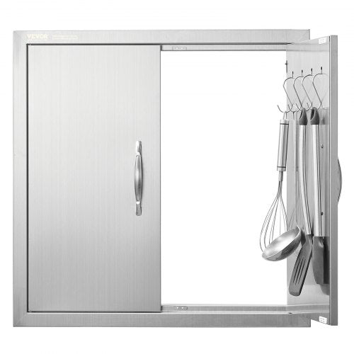 Grilldörr, 610x610 mm dubbel utomhusköksdörr, infälld dörr i rostfritt stål, vertikal dubbelväggig dörr med handtag och krokar, för grillö, grillstation, utomhusskåp