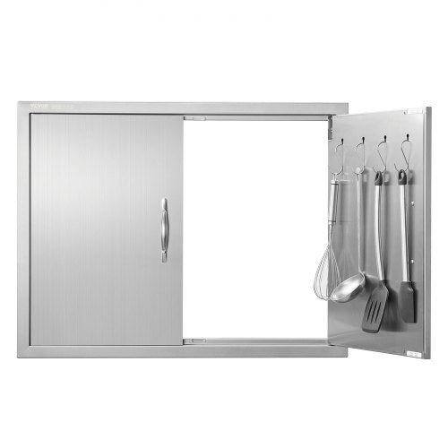 Grilldörr, 787x609 mm dubbel utomhusköksdörr, infälld dörr i rostfritt stål, vertikal dubbelväggig dörr med handtag och krokar, för grillö, grillstation, utomhusskåp
