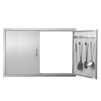 Grilldörr, 990x660 mm dubbel uteköksdörr, infälld dörr i rostfritt stål, vertikal väggdörr med handtag och krokar, för grillö, grillstation, utomhusskåp