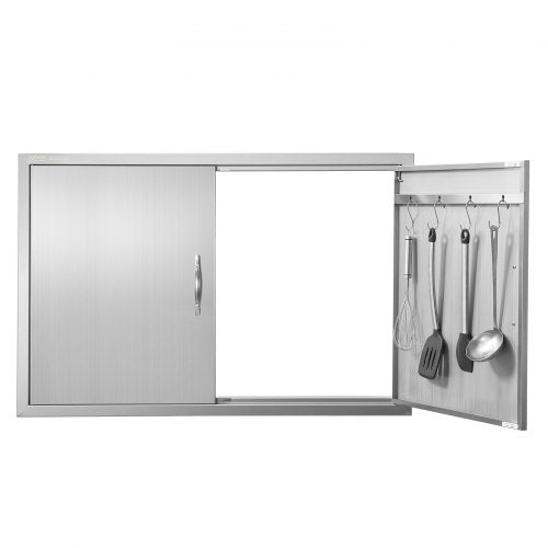 Grilldörr, 990x660 mm dubbel uteköksdörr, infälld dörr i rostfritt stål, vertikal väggdörr med handtag och krokar, för grillö, grillstation, utomhusskåp