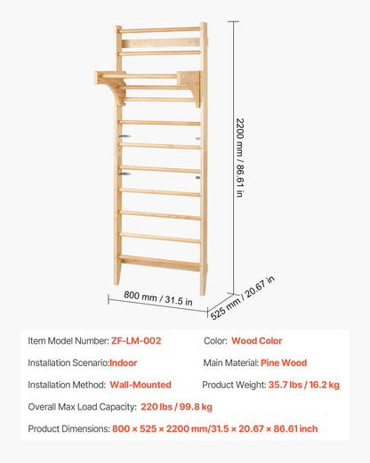 Svenskt stege-vägggym, 10-våningar massivt trä inomhus klättergym, 220lbs belastning inomhuslekplats klätterstege för barn vuxna, gymnastikbåsstänger med pull-up-stång - perfekt present till pojkar flickor