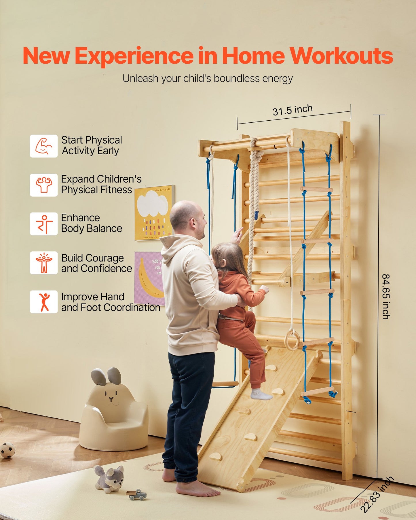 Svenskt stege-vägggym, 8-i-1 15 nivåer massivt trä inomhus klättergym, 220 kg väggmonterade ribbor klätterlekset med väggstege, glidbräda, pull-up-stång, gymringar, gungstol, repstege