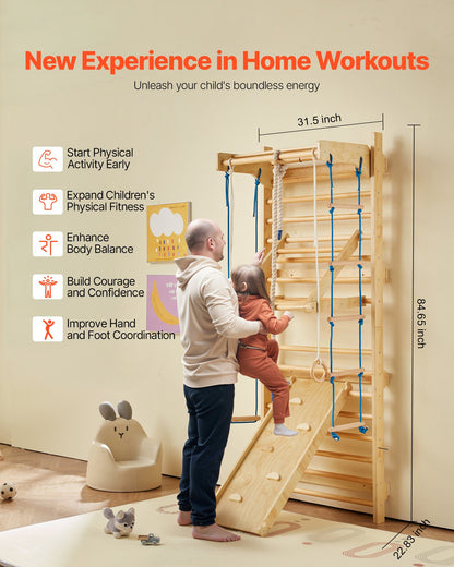 Svenskt stege-vägggym, 8-i-1 15 nivåer massivt trä inomhus klättergym, 220 kg väggmonterade ribbor klätterlekset med väggstege, glidbräda, pull-up-stång, gymringar, gungstol, repstege