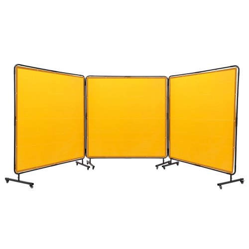 Svetsskärm med ram, 6' x 6' 3-panels svetsgardinskärmar, flamskyddad svetsskyddsskärm i vinyl på 12 svängbara hjul (6 låsbara), flyttbar och professionell för verkstad, gul