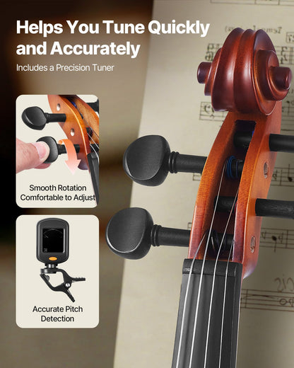 Violin 4/4 355mm Full Size Fiddle Set Solidwood for Beginner Matte Brown