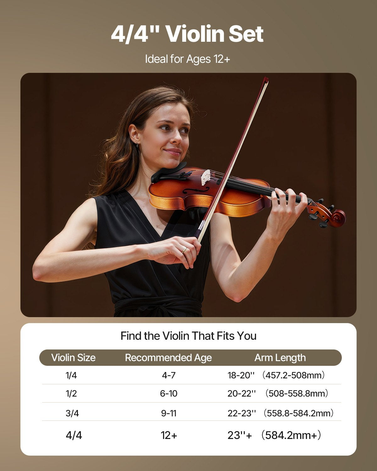 Violin 4/4 355mm Full Size Fiddle Set Solidwood for Beginner Matte Brown